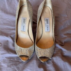 Jimmy Choo Metallic Gold Glitter Baxen Peep Toe Wedge